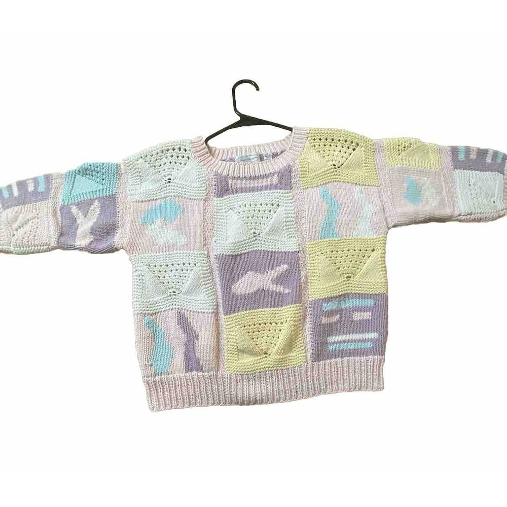 Vintage Jayson Younger Pastel Geometric Chunky Knit Cotton Sweater Womens Small